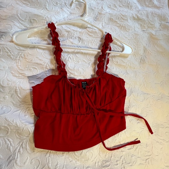 SHEIN red Frill Trim Tie Front Ruched Bust Top size small - Picture 2 of 3